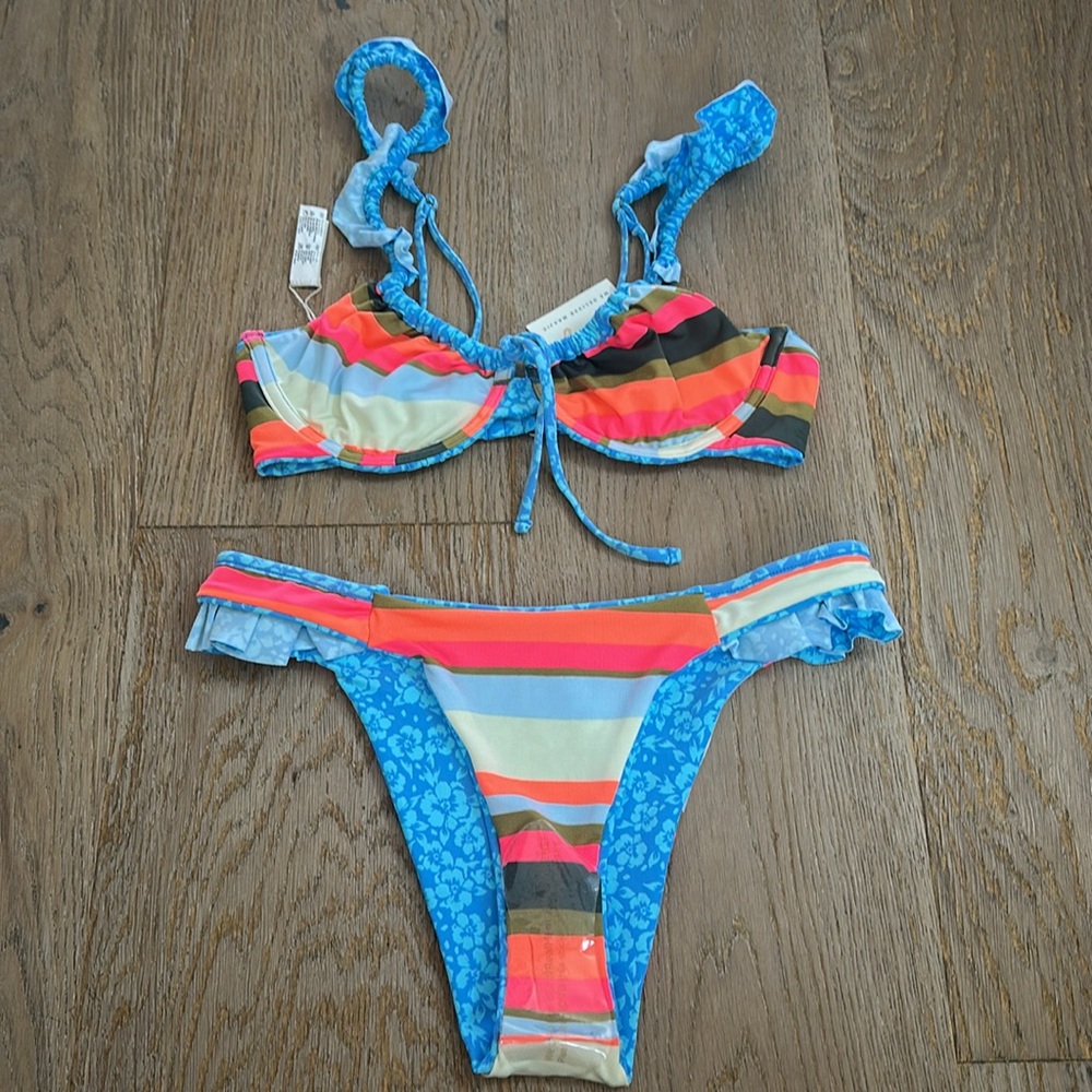 Maaji Blue Floral/ Colorful Striped Reversible Bikini Set - Picture 6 of 7